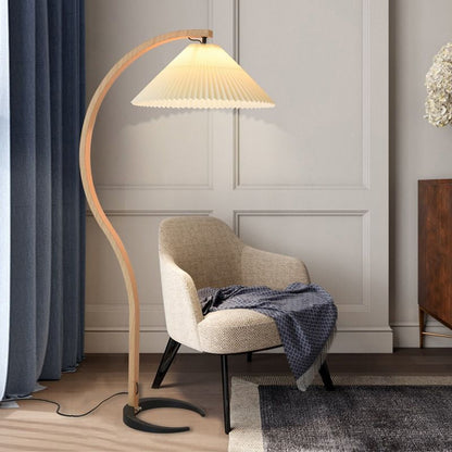 Arbora Arc Floor Lamp by Moktan Sabai, beech wood arc with pleated shade, plug-in on Tampa Home & Garden Store