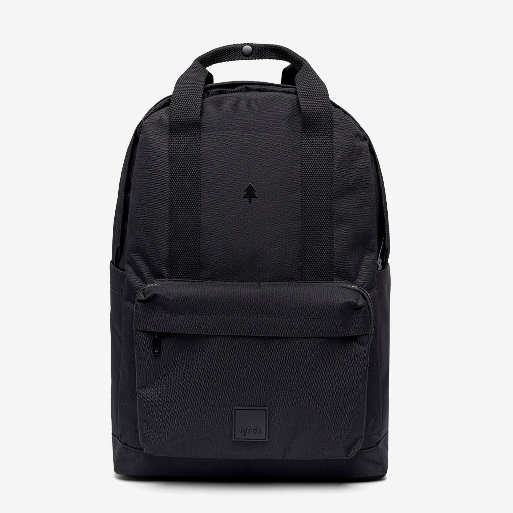 Backpack Lefrik Capsule Black with Laptop Sleeve; compact black nylon with front zip pocket on Tampa Home & Garden Store