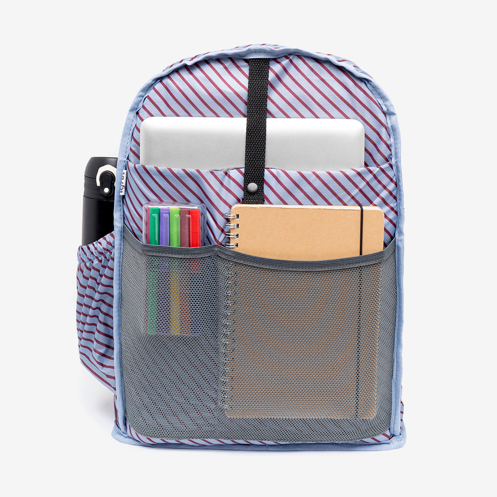 Capsule Backpack with Laptop Sleeve, blue striped interior, gray mesh front pocket on Tampa Home & Garden Store