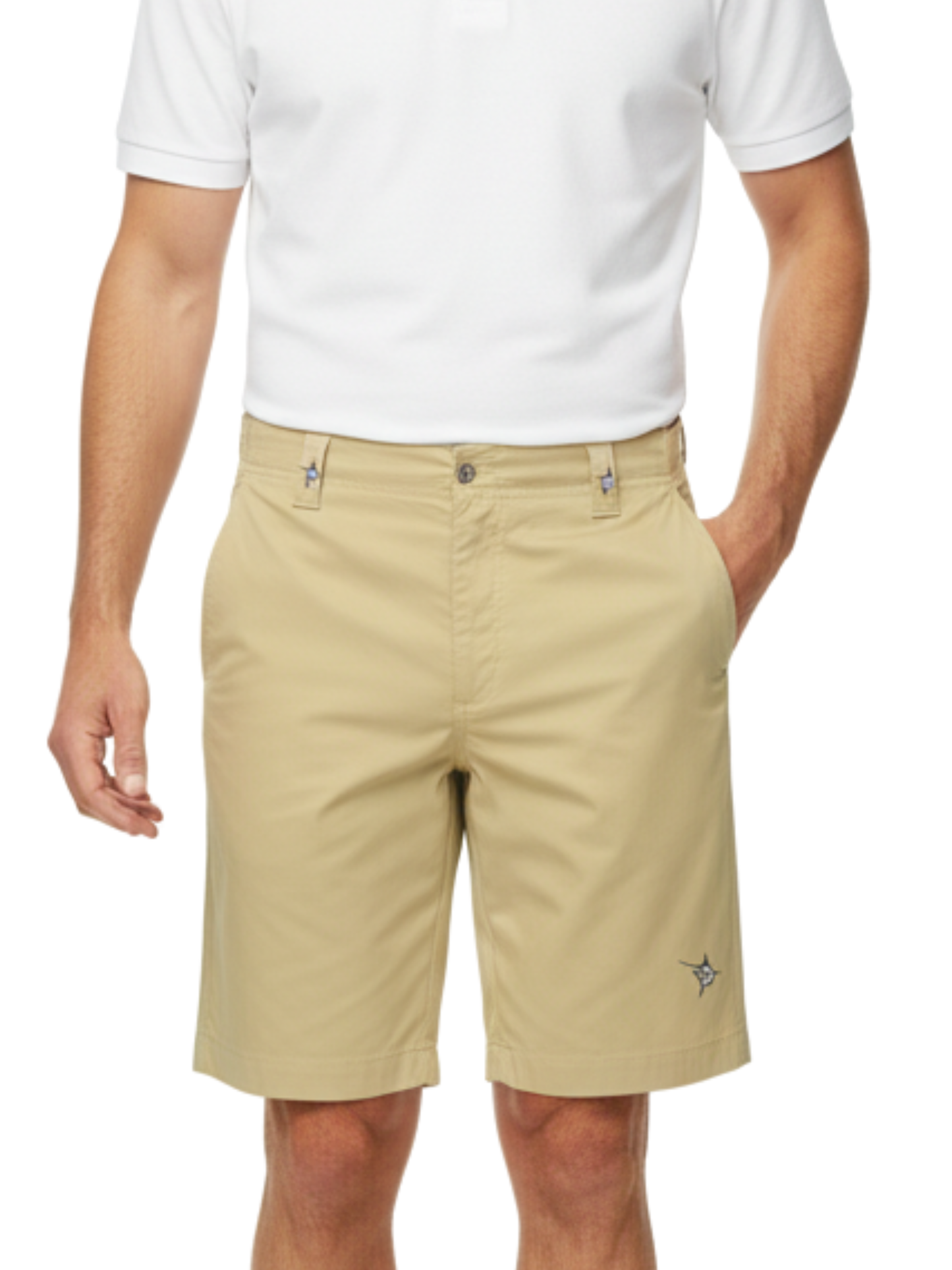 Captain Shorts by White Water Life in khaki beige with belt loops and small logo on Tampa Home & Garden Store