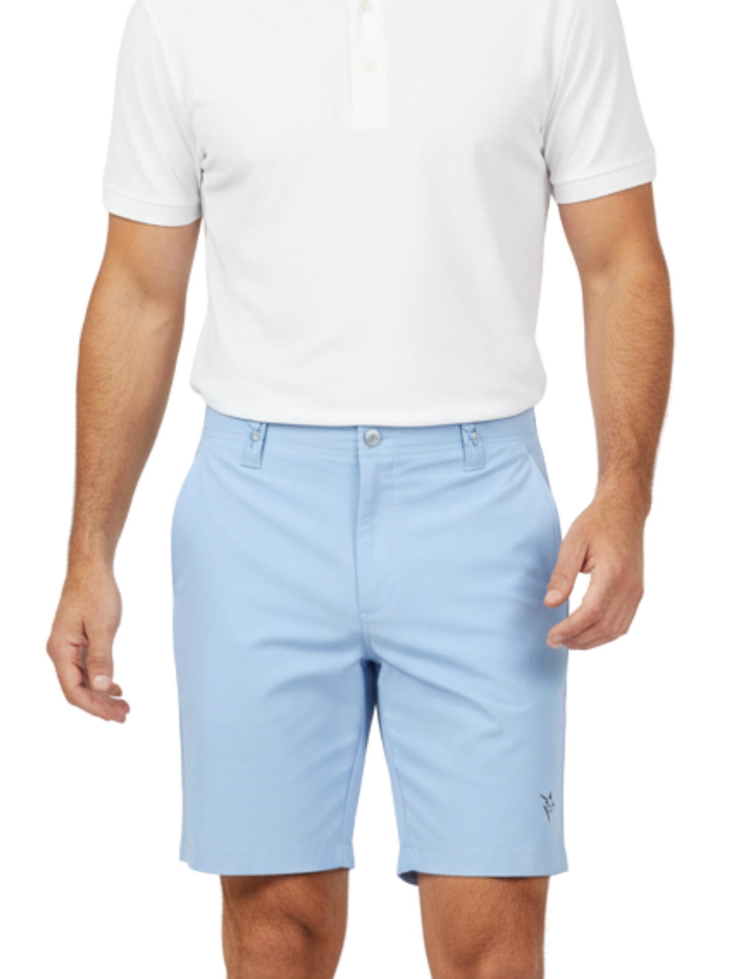 Captain Shorts by White Water Life, light blue men's casual shorts with front fly and logo hem on Tampa Home & Garden Store