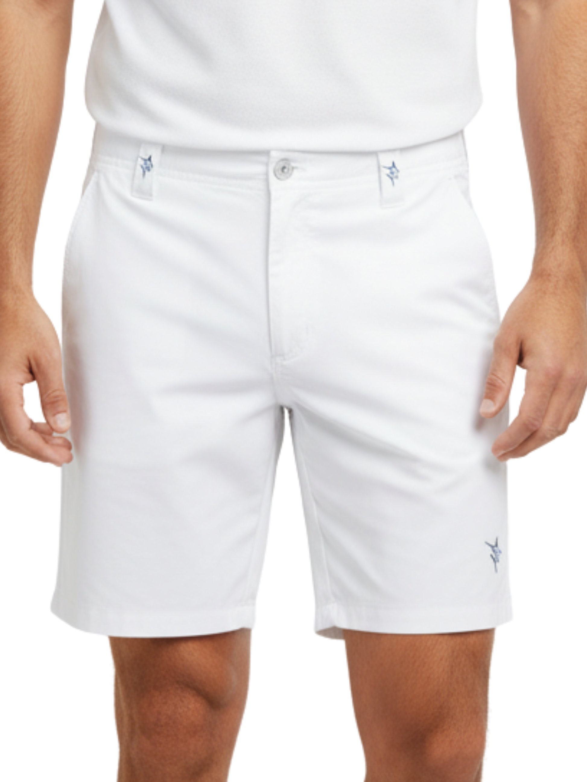 Captain Shorts by White Water Life, white shorts with front button and blue belt-loop embroidery on Tampa Home & Garden Store