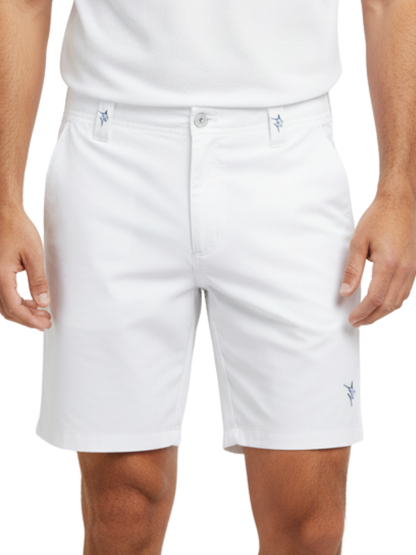 Captain Shorts by White Water Life, white shorts with front button and blue belt-loop embroidery on Tampa Home & Garden Store