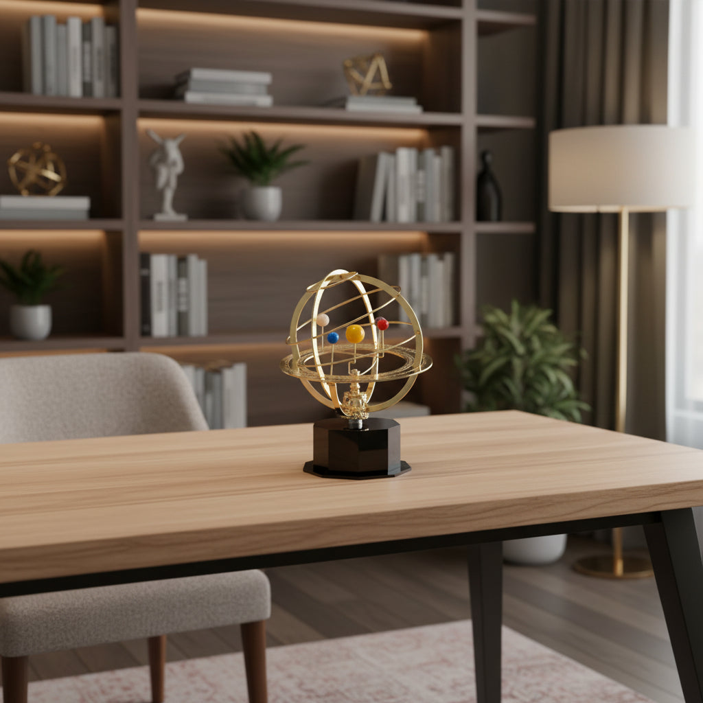 Moktan Sabai Solar System Orrery figurine with gold rings and planet beads on pedestal on Tampa Home & Garden Store