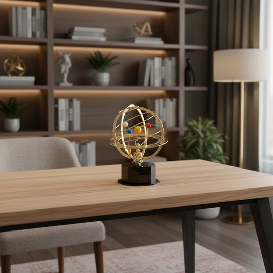 Moktan Sabai Solar System Orrery figurine with gold rings and planet beads on pedestal on Tampa Home & Garden Store