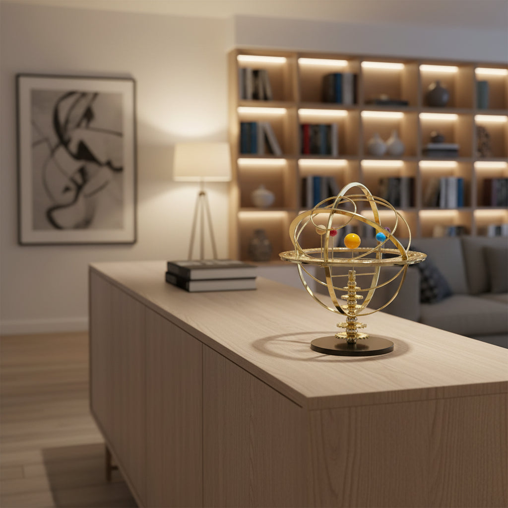 Solar System Orrery Model sculpture by Moktan Sabai, gold-tone metal with orbit rings on Tampa Home & Garden Store