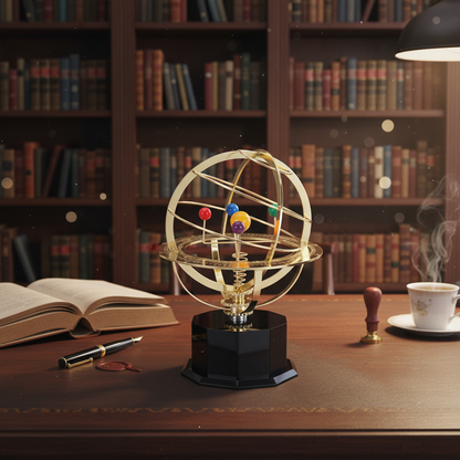 Solar System Orrery Model sculpture in brass finish on a black pedestal Moktan Sabai on Tampa Home & Garden Store