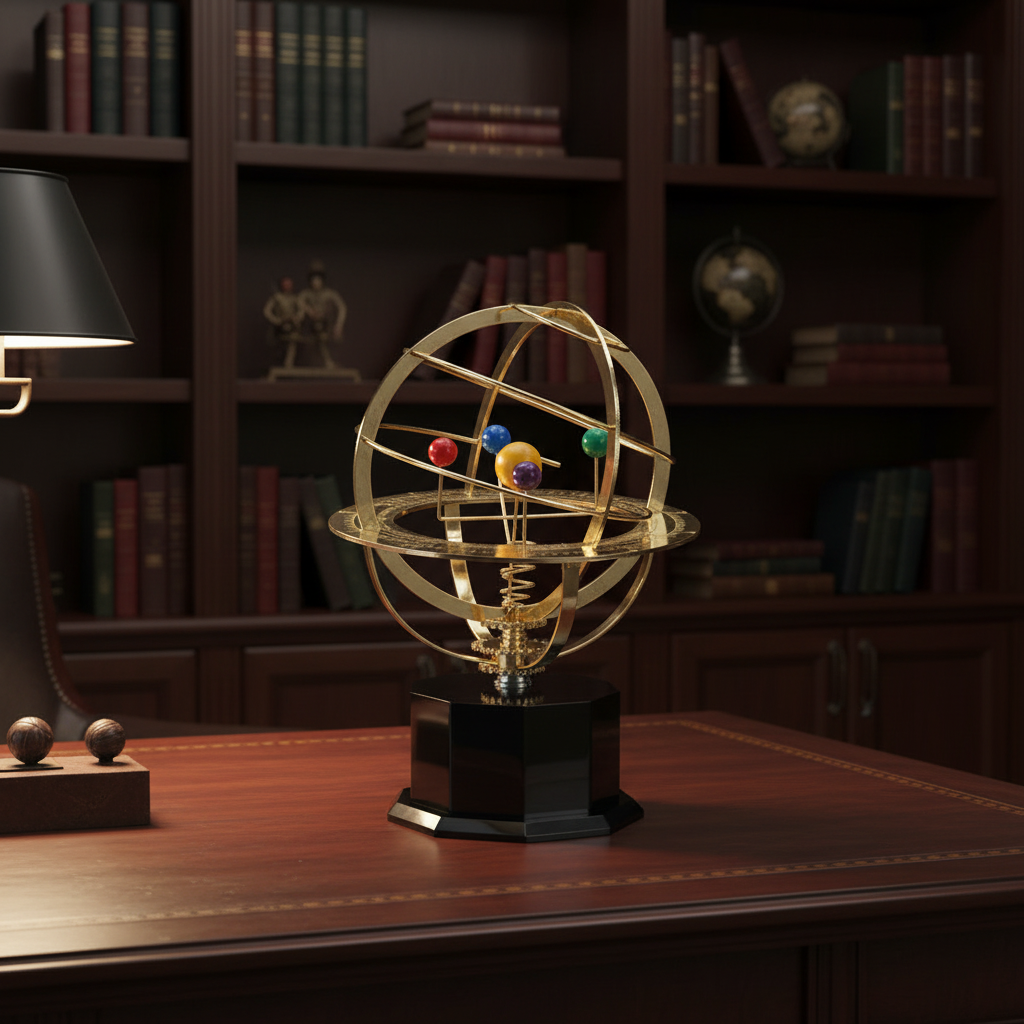 Solar System Orrery Model brass Moktan Sabai with planetary spheres on pedestal on Tampa Home & Garden Store