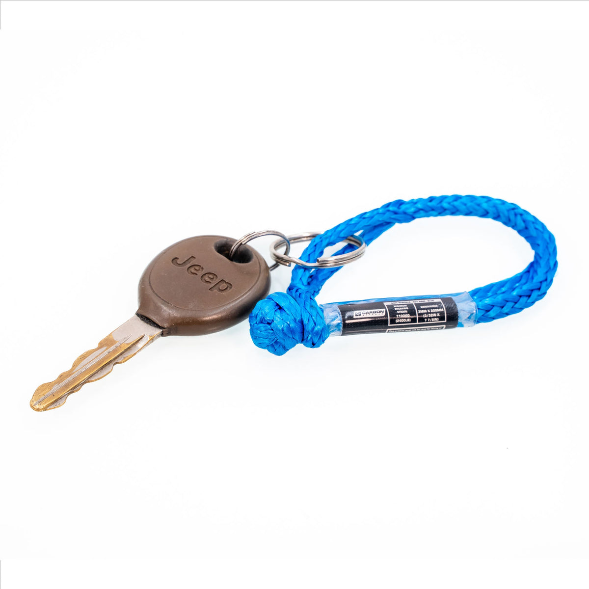 Soft Shackle Keyring 1.1 Ton with blue braided rope and Jeep-branded brown plate on Tampa Home & Garden Store