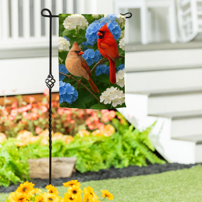 Cardinal Couple Among Hydrangeas Suede Garden Flag - Tampa Home & Garden Store