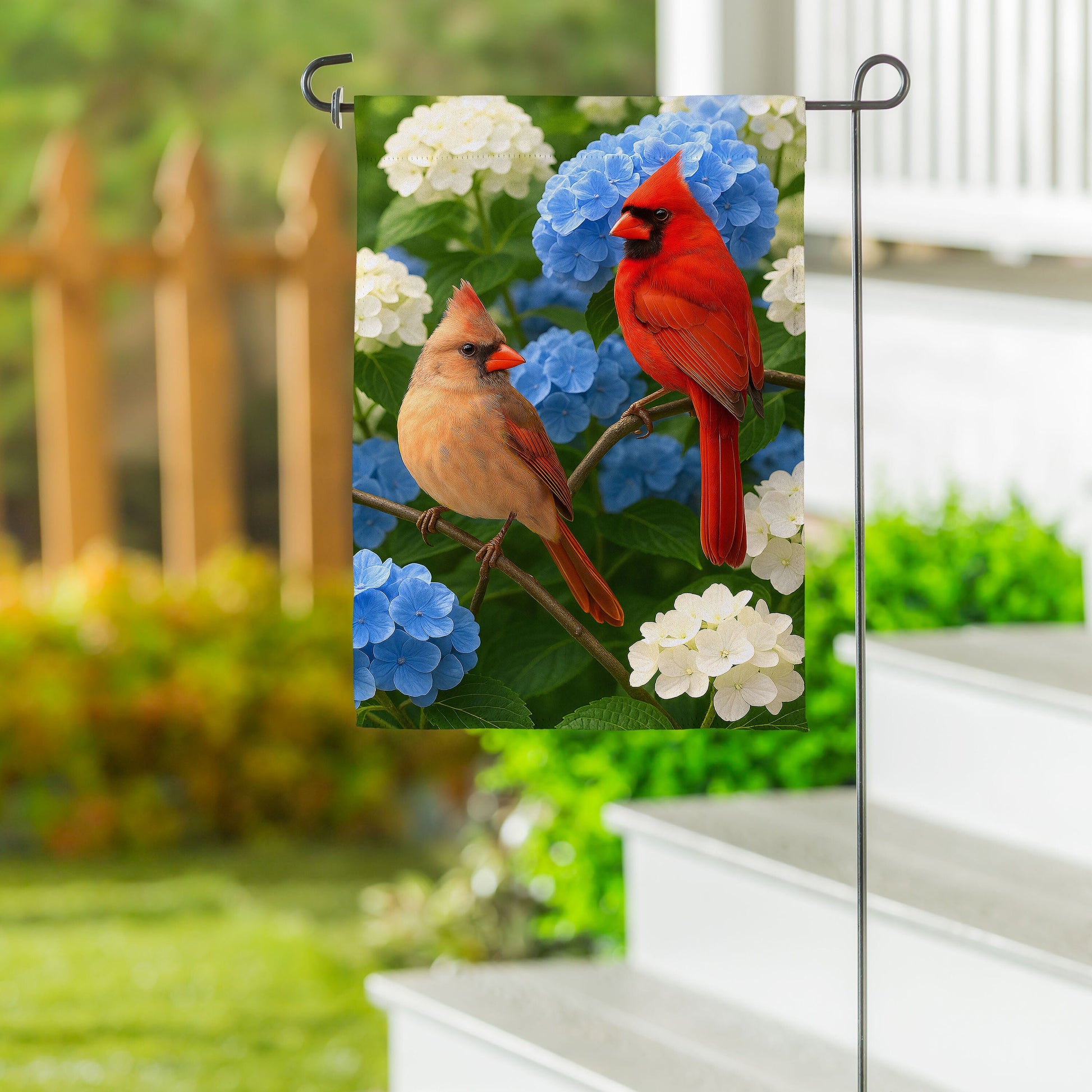 Cardinal Couple Among Hydrangeas Suede Garden Flag - Tampa Home & Garden Store
