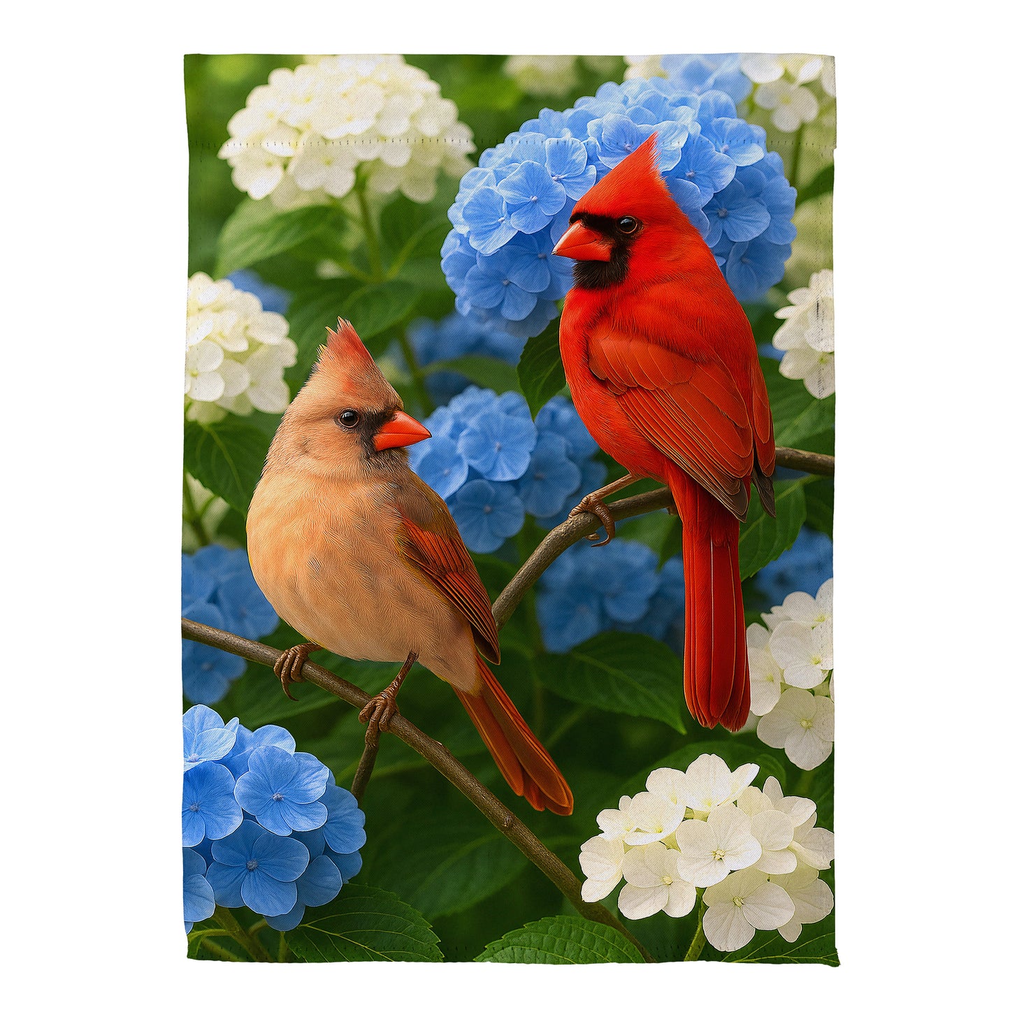 Cardinal Couple Among Hydrangeas Suede House Flag - Tampa Home & Garden Store