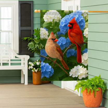 Cardinal Couple Among Hydrangeas Suede House Flag - Tampa Home & Garden Store