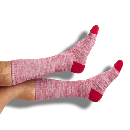 DeadSoxy Cardinal/White mixed crew socks with red toes and heels, 2 socks shown on Tampa Home & Garden Store