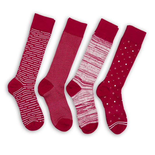 DeadSoxy Cardinal White Dress Socks 4-Pack; red team colorways with striped, dots, speckled patterns on Tampa Home & Garden Store