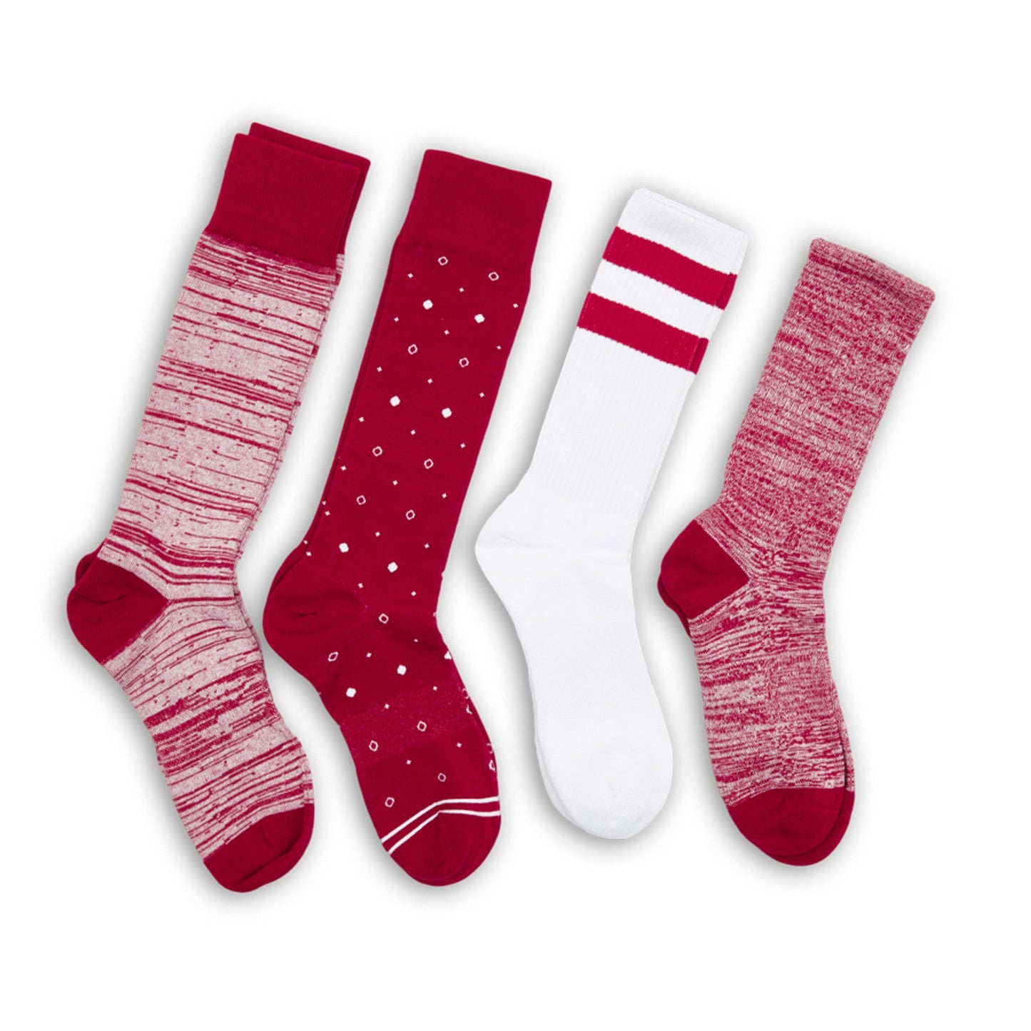 DeadSoxy Cardinal/White mixed crew socks 4-pack with striped, speckled and marled patterns on Tampa Home & Garden Store
