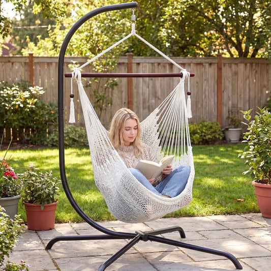 Caribbean Hammock Chair with Metal Spreader Bar in beige by DirectDeals, outdoor garden setup on Tampa Home & Garden Store