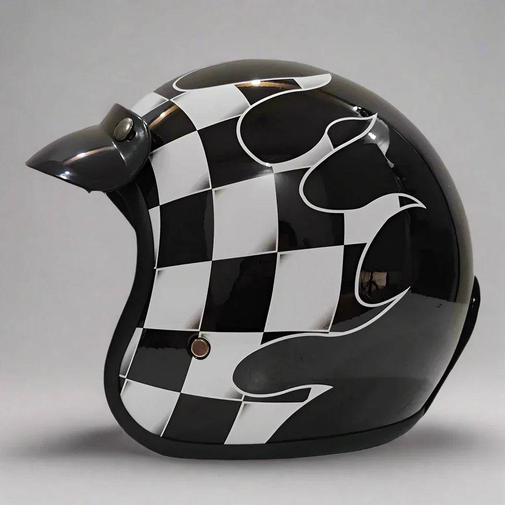 The Flame King open-face helmet by BikerZoneZ in black with white checkered and flame decals on Tampa Home & Garden Store
