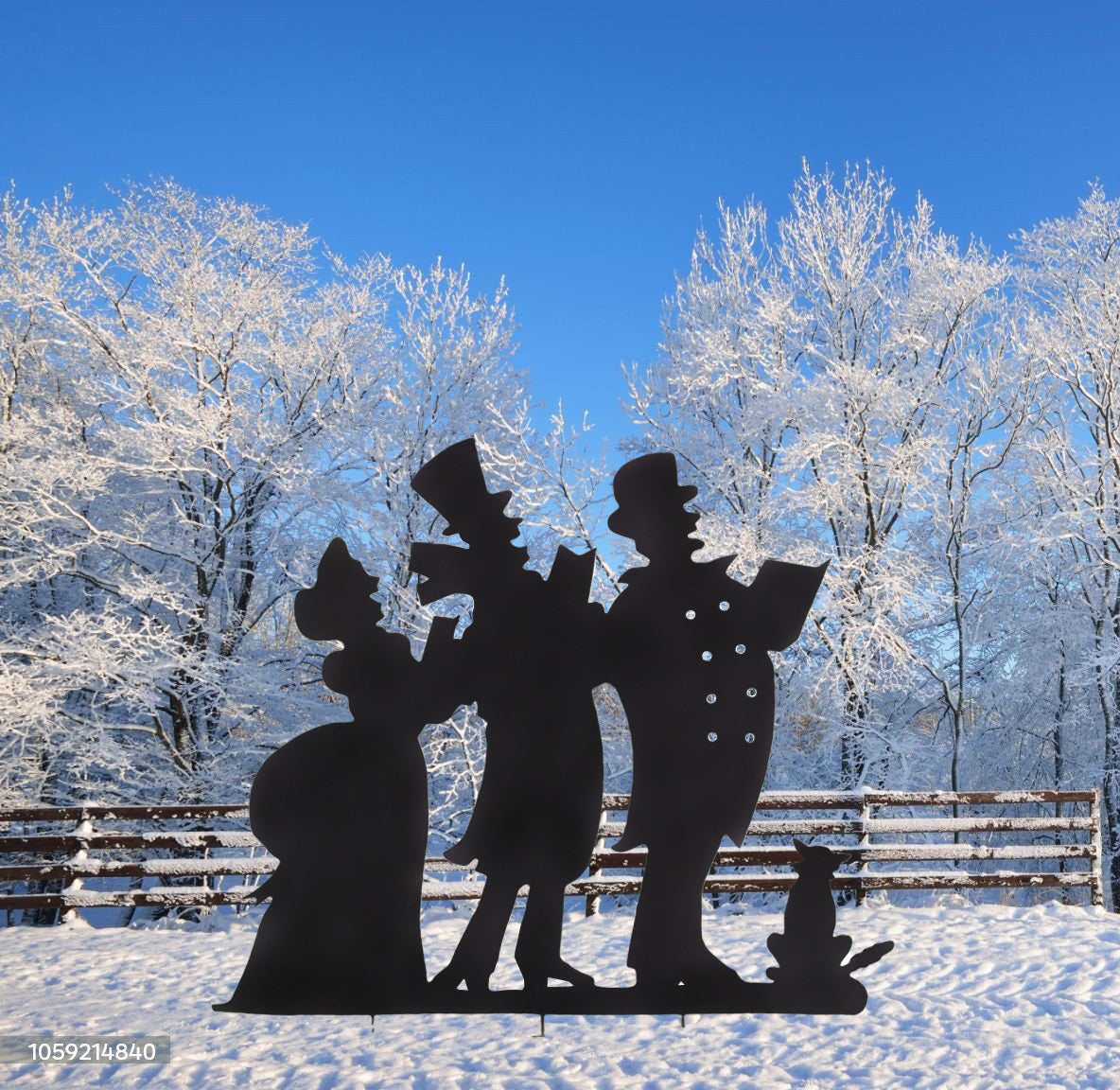 Christmas Caroling Silhouette metal decor in black, carolers with a small cat by a snowy fence on Tampa Home & Garden Store