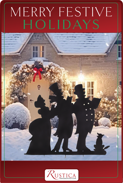 Christmas Caroling Silhouette by Rustica Ornamentals; black carolers in snowy yard by wreath on Tampa Home & Garden Store