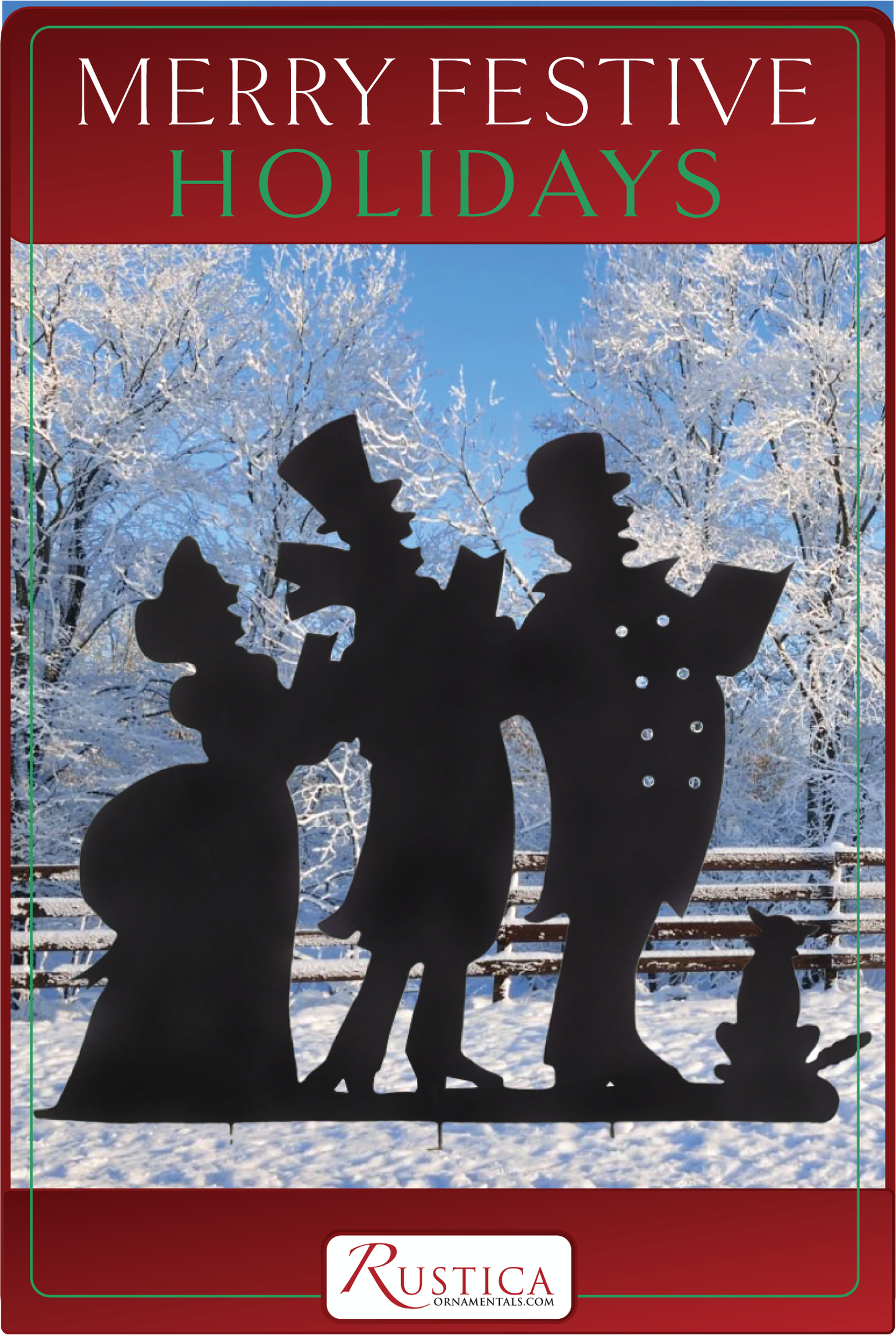 Christmas Caroling Silhouette moose trio in snowy woods, Rustica Ornamentals on Tampa Home & Garden Store
