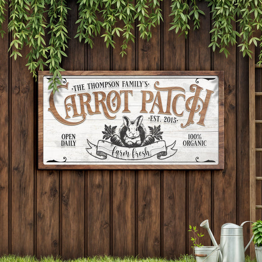 Carrot Patch Easter Sign II canvas with vintage white plaque and brown lettering, wood backdrop on Tampa Home & Garden Store