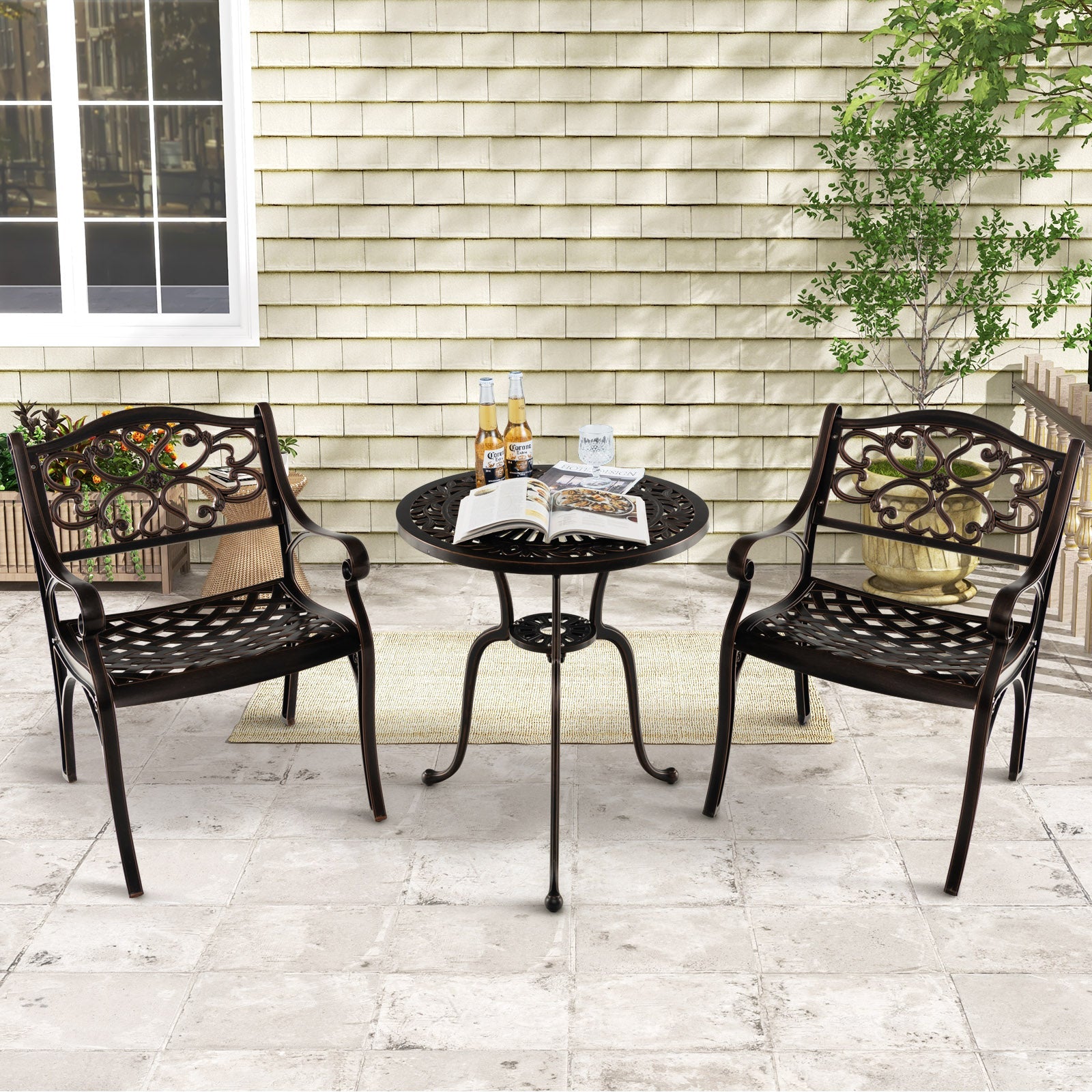 Cast Aluminum Dining Chairs Set of 2 with Patio Chairs Armrests Flower Pattern-Bronze - Tampa Home & Garden Store