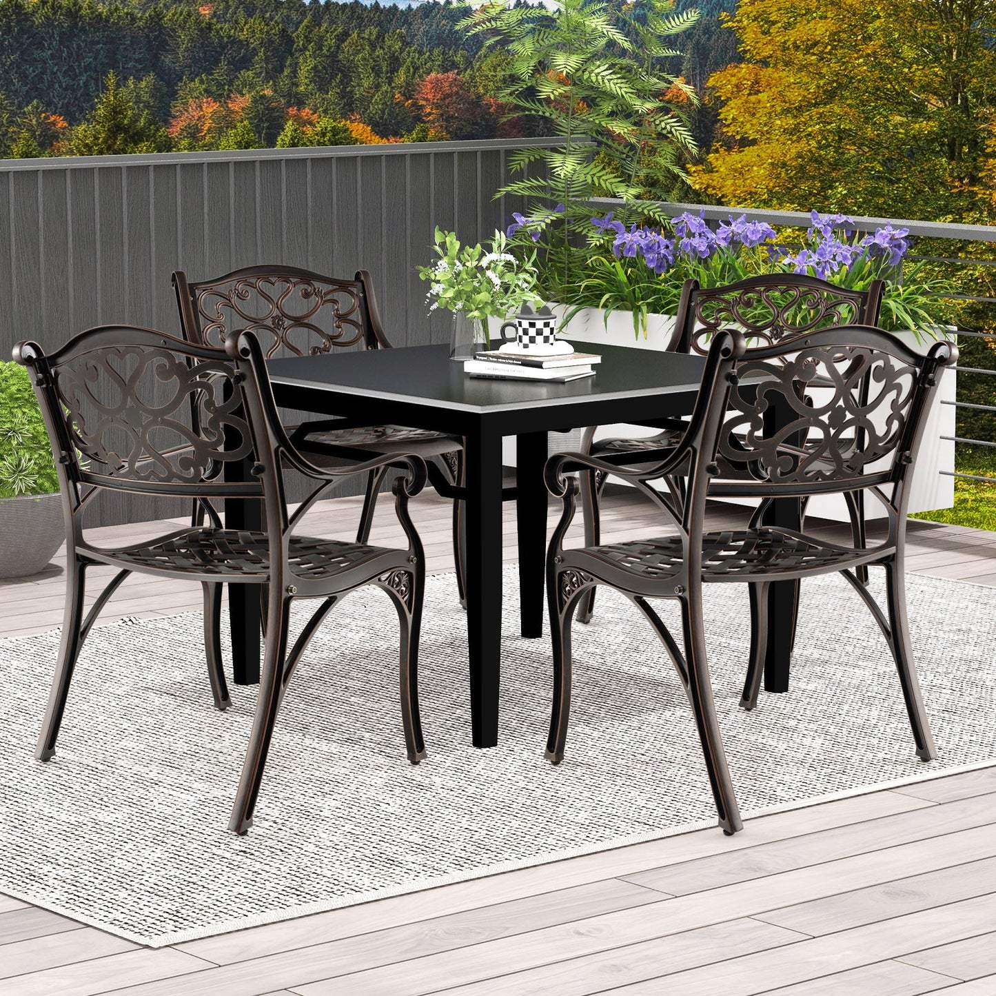Cast Aluminum Dining Chairs Set of 2 with Patio Chairs Armrests Flower Pattern-Bronze - Tampa Home & Garden Store