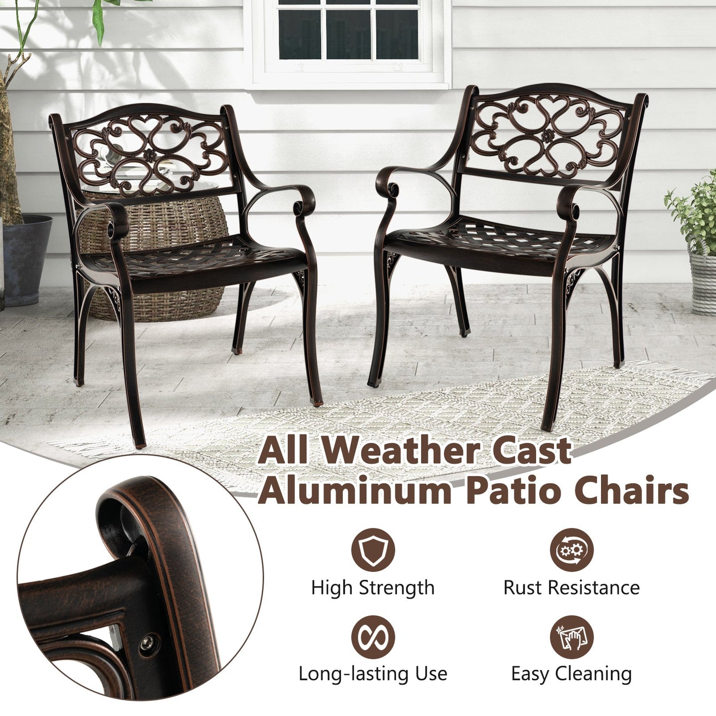 Cast Aluminum Dining Chairs Set of 2 with Patio Chairs Armrests Flower Pattern-Bronze - Tampa Home & Garden Store