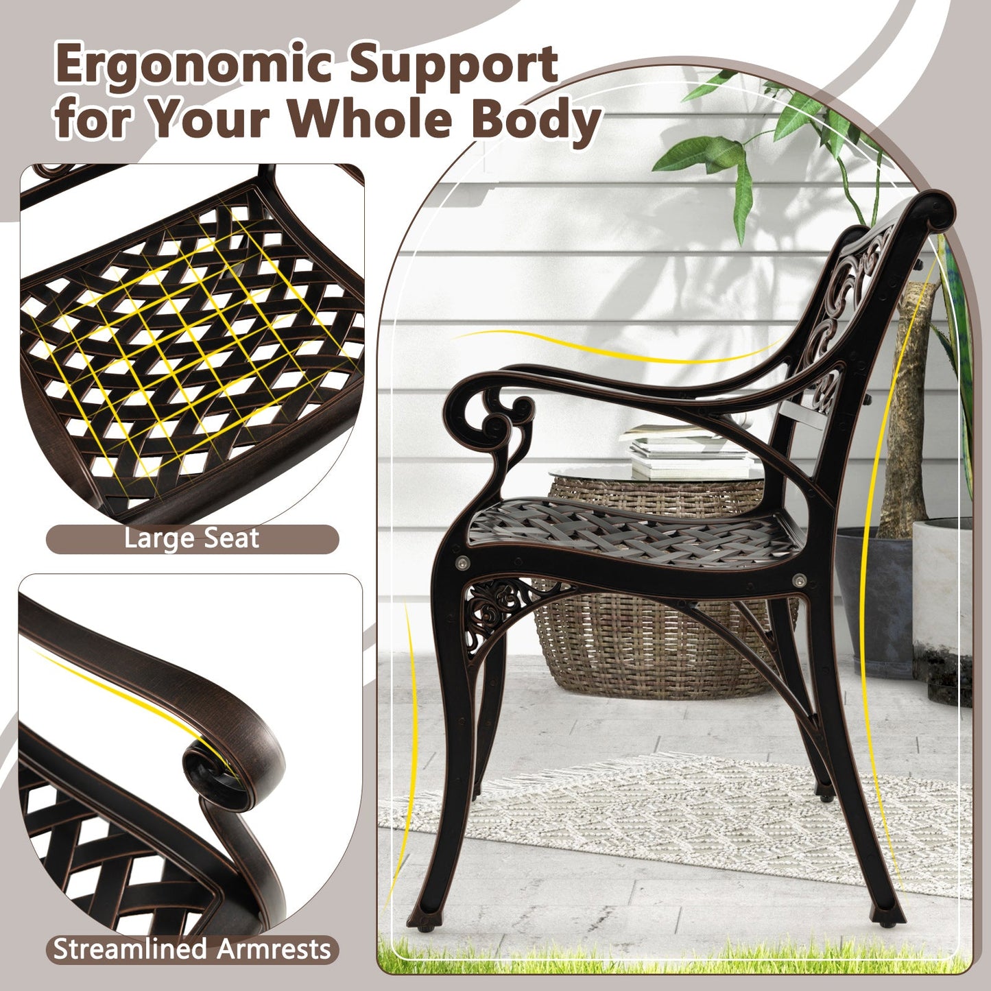 Cast Aluminum Dining Chairs Set of 2 with Patio Chairs Armrests Flower Pattern-Bronze - Tampa Home & Garden Store