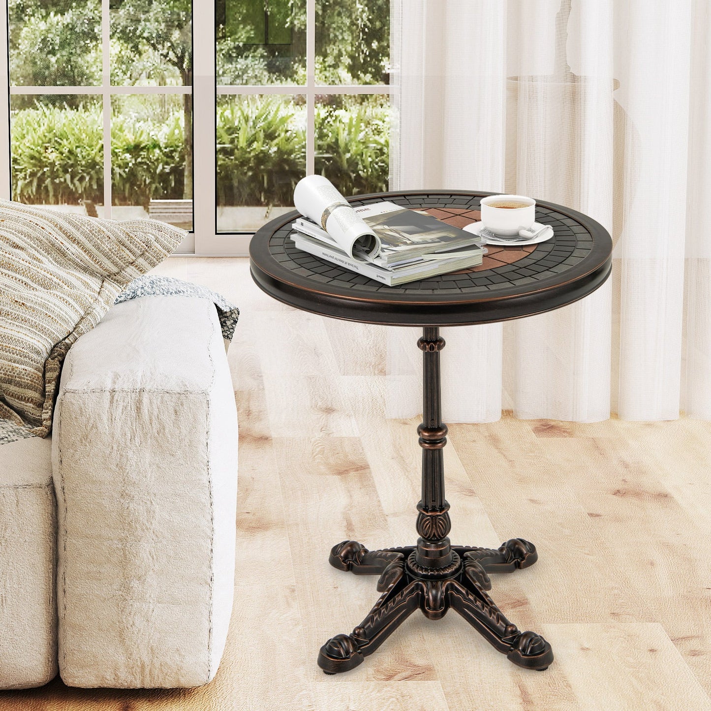 24" Round Patio Dining Table Weather-resistant Cast Aluminum Table-Bronze