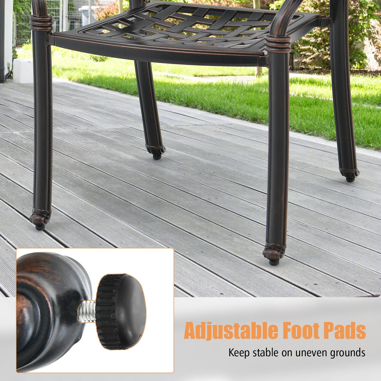 Juego de 2 sillas de patio de aluminio fundido con reposabrazos - Marrón