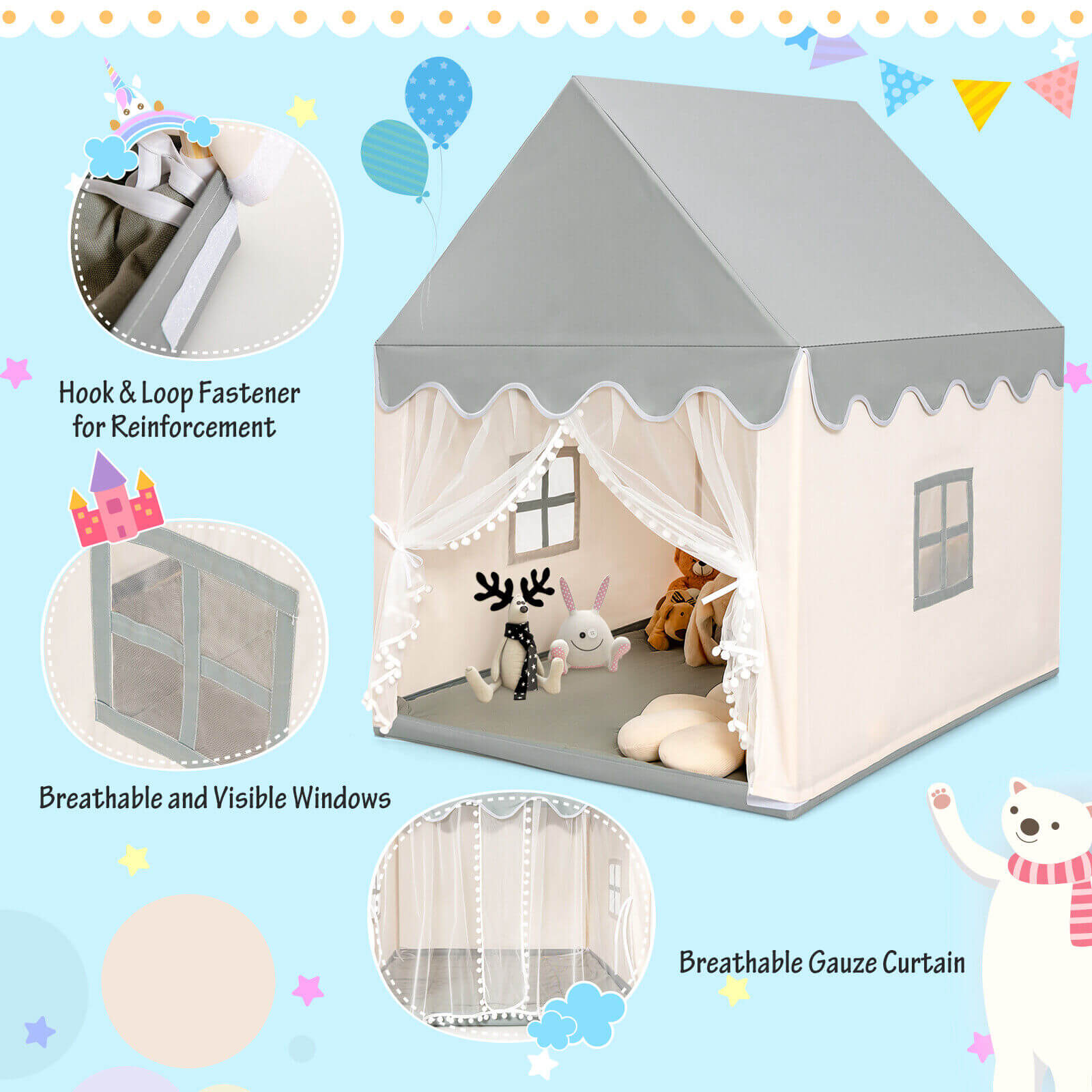 GemGear Kids Large Play Castle Fairy Tent with Mat, gray roof and sheer curtains on Tampa Home & Garden Store