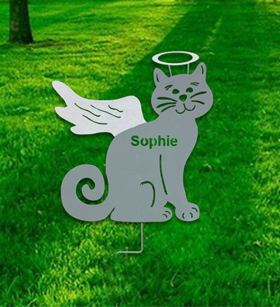 Cat angel memorial garden stake, gray metal with wings and halo, name Sophie on Tampa Home & Garden Store