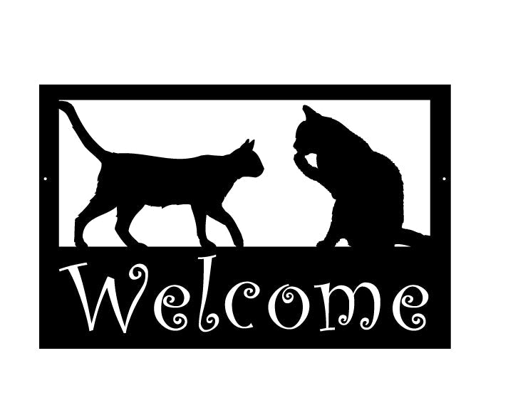 Black metal pet sign with cat and dog silhouettes and a decorative Welcome script on Tampa Home & Garden Store
