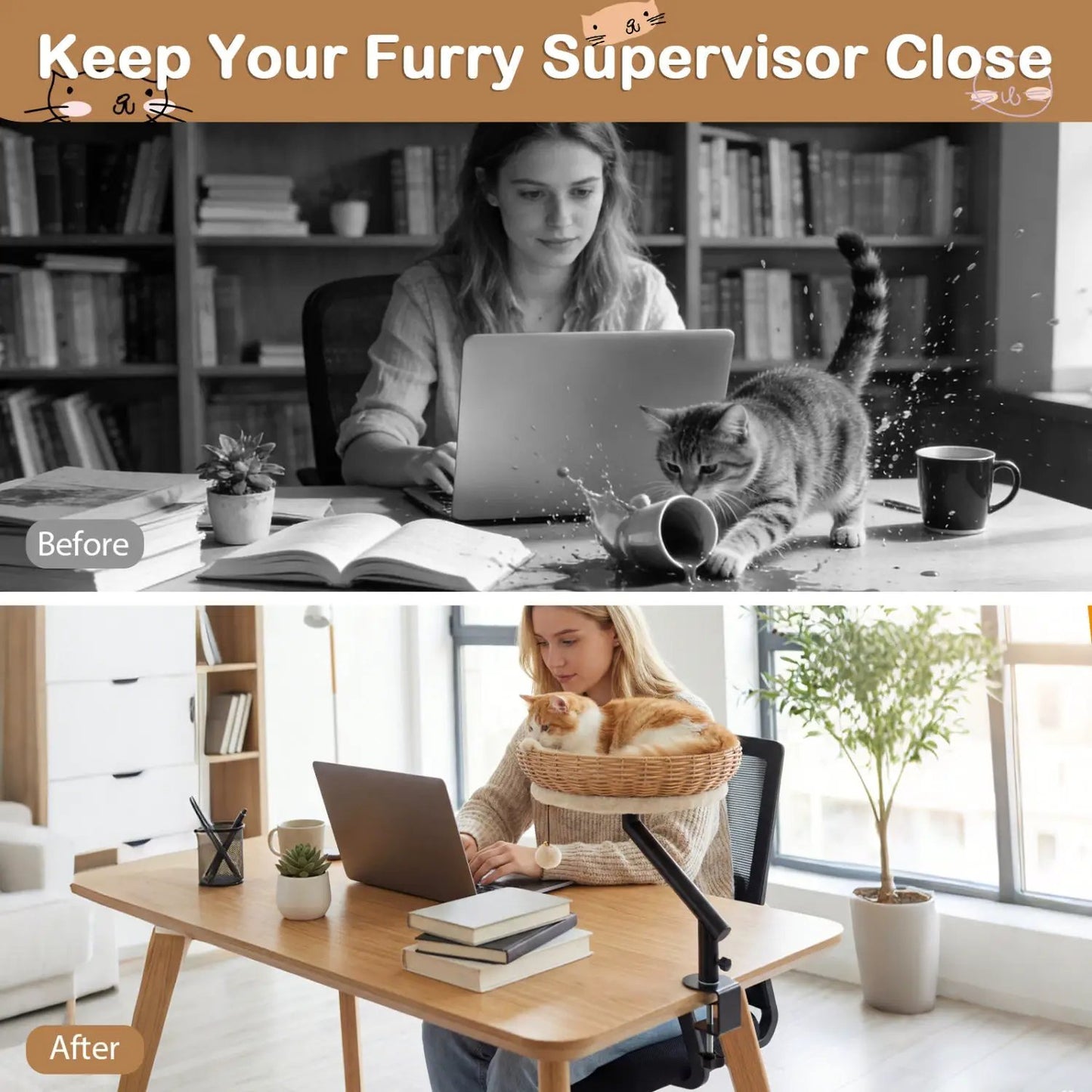 Cat Desk Bed with Cushion for Indoor Cats