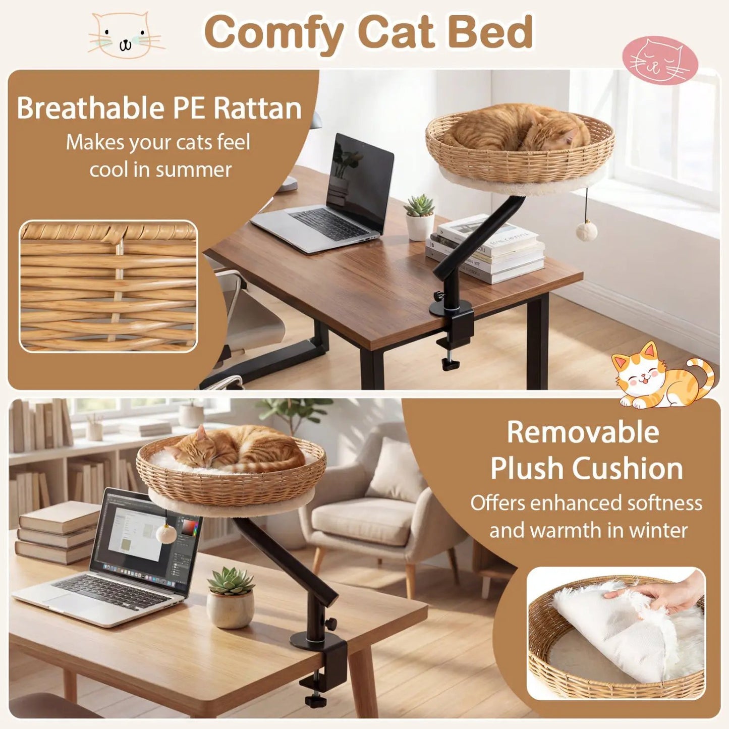 Cat Desk Bed with Cushion for Indoor Cats