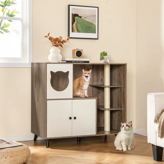 Cat Litter Box Enclosure with Scratching Posts and Platform in wood cat furniture with two cats on Tampa Home & Garden Store