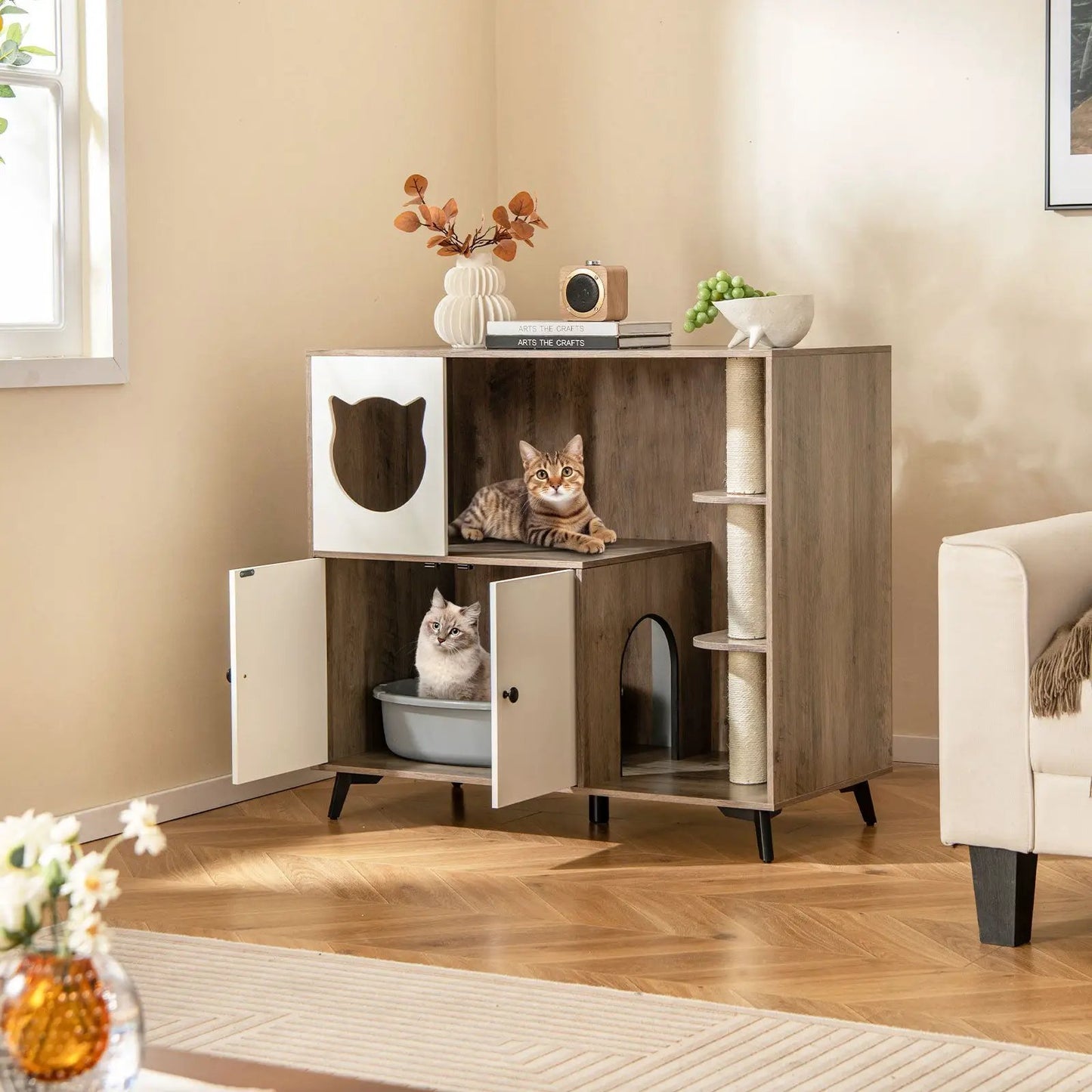 Cat Litter Box Enclosure With Scratching Posts