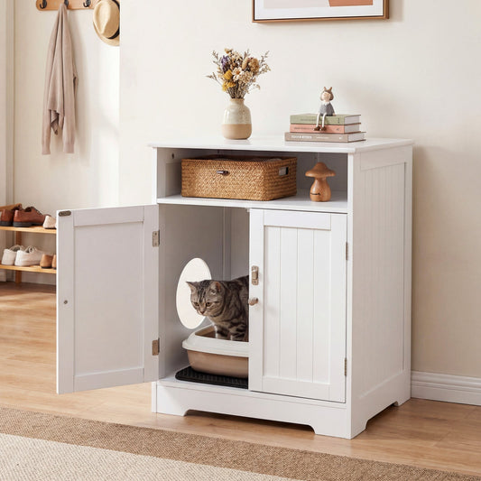 Cat Litter Box Enclosure Wooden Hidden Pet Washroom Furniture-White - Tampa Home & Garden Store