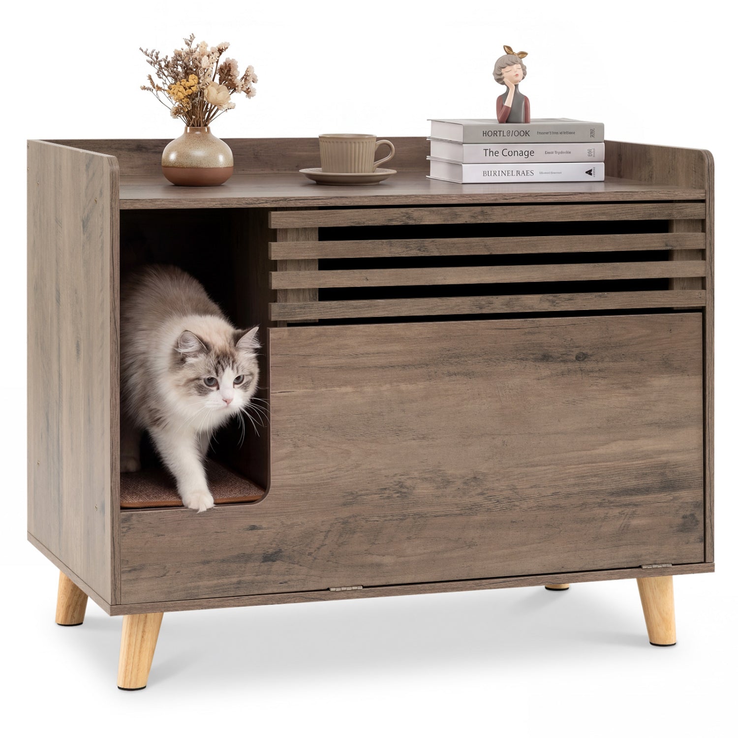 DirectDeals cat litter box enclosure with flip-down door and scratching mat, wood finish on Tampa Home & Garden Store