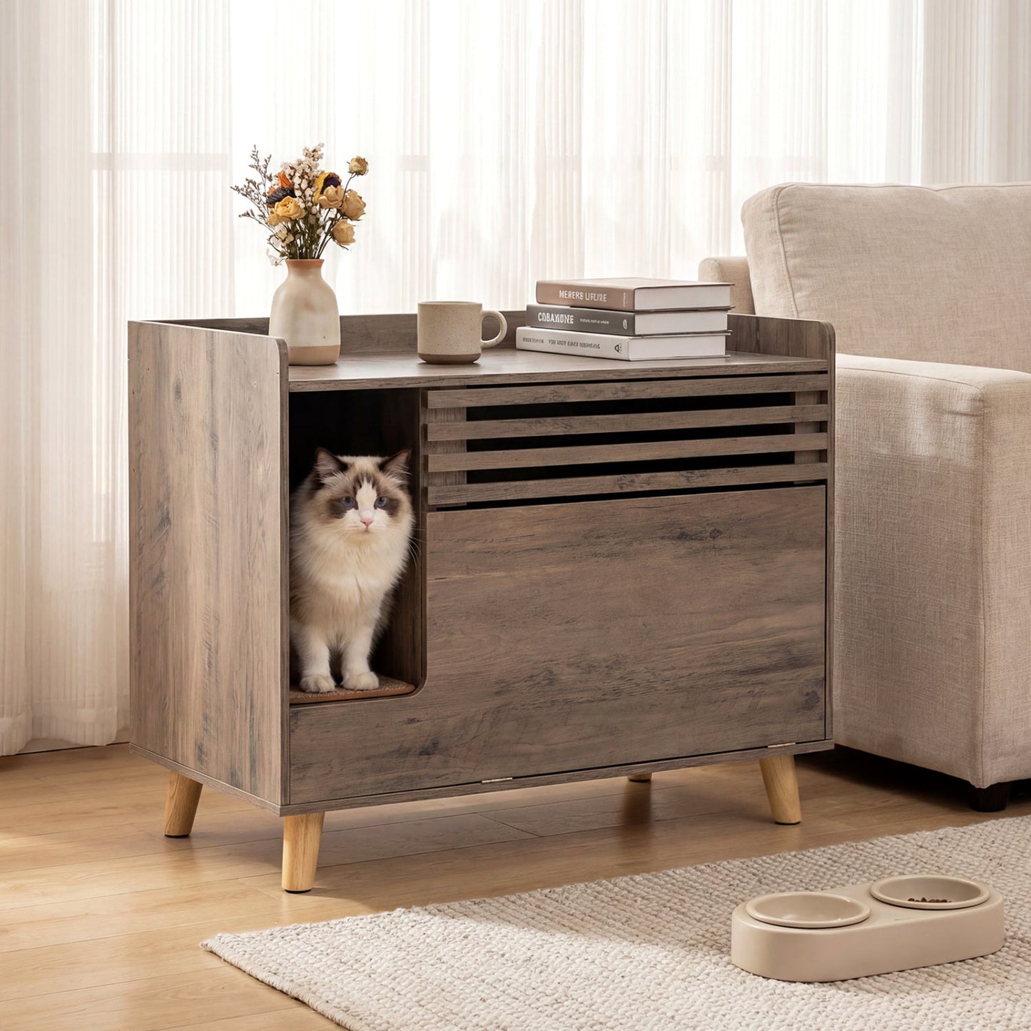 Cat litter box enclosure with flip-down door and built-in scratching mat in grey-washed wood finish on Tampa Home & Garden Store