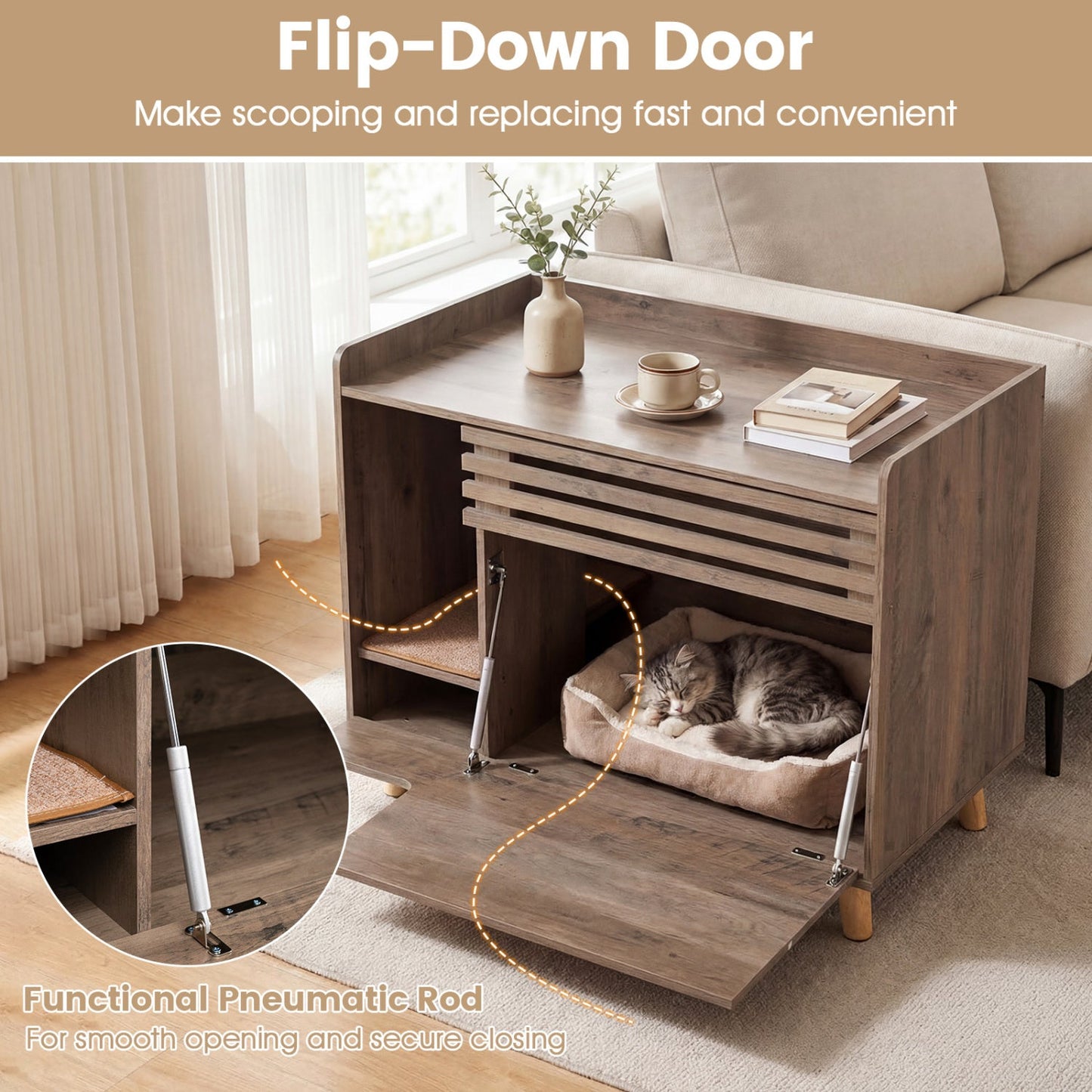 DirectDeals Cat Litter Box Enclosure in brown wood with flip-down door and scratching mat on Tampa Home & Garden Store