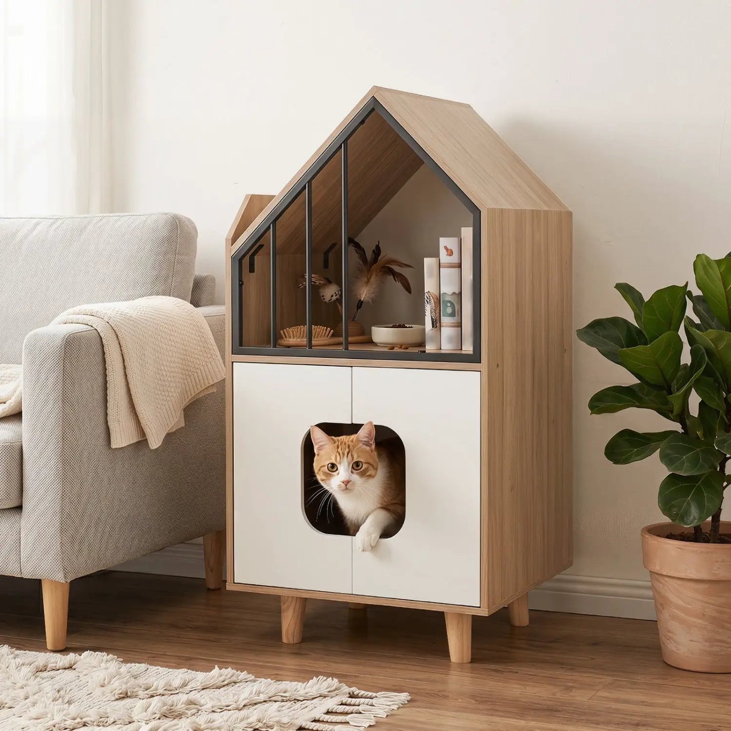 House Shaped Cat Litter Box Enclosure with Doors