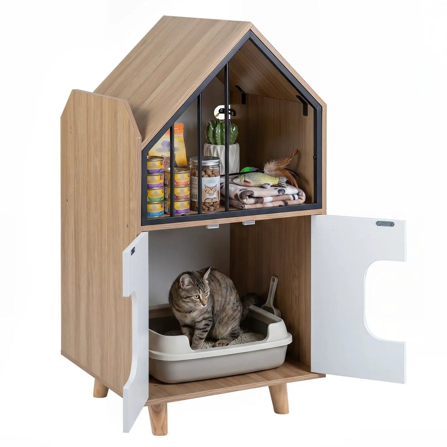 House Shaped Cat Litter Box Enclosure with Doors