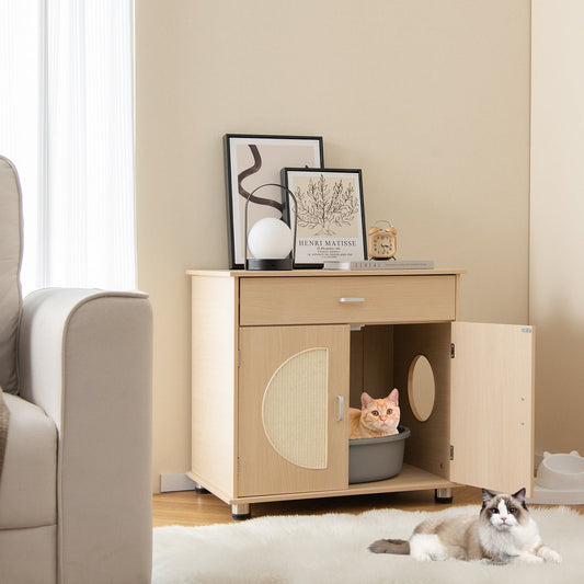 Cat Litter Box Enclosure with Sisal Scratching Doors and Storage-Natural - Tampa Home & Garden Store