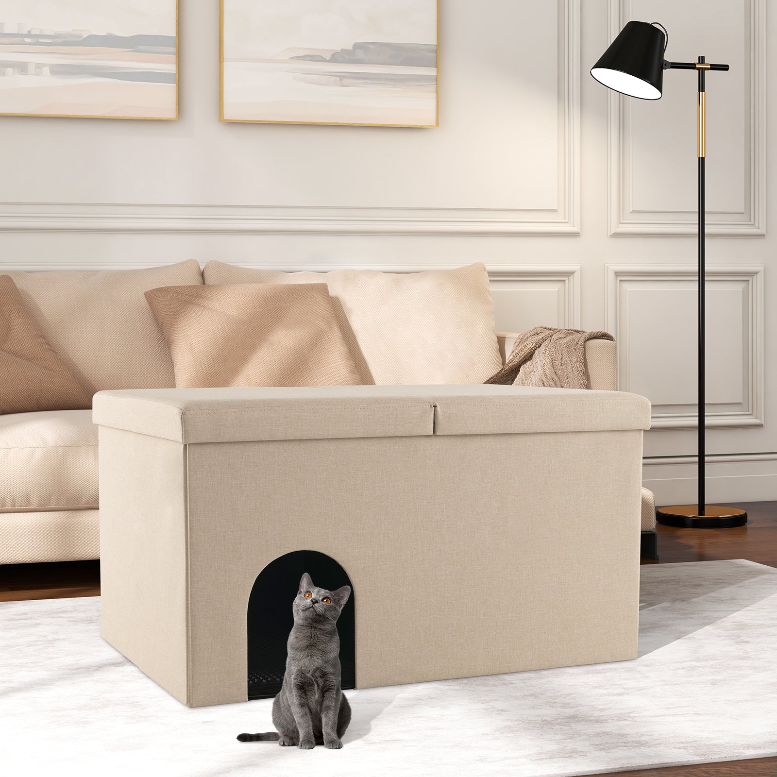 Beige cat litter box enclosure with arched doorway and a cat at the entry in a living room on Tampa Home & Garden Store