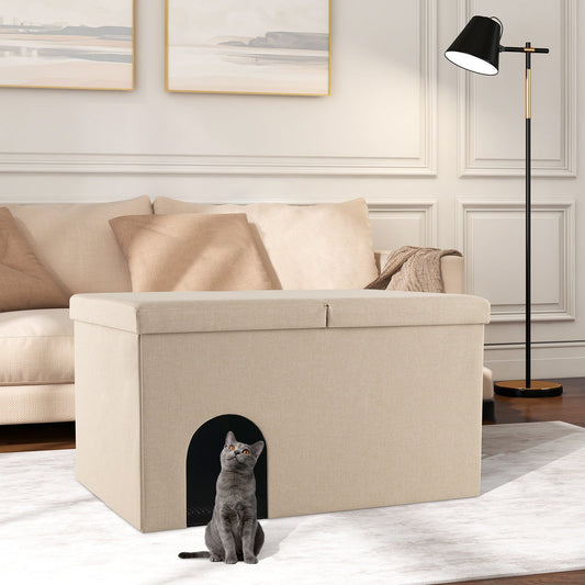 Beige cat litter box enclosure with arched doorway and a cat at the entry in a living room on Tampa Home & Garden Store