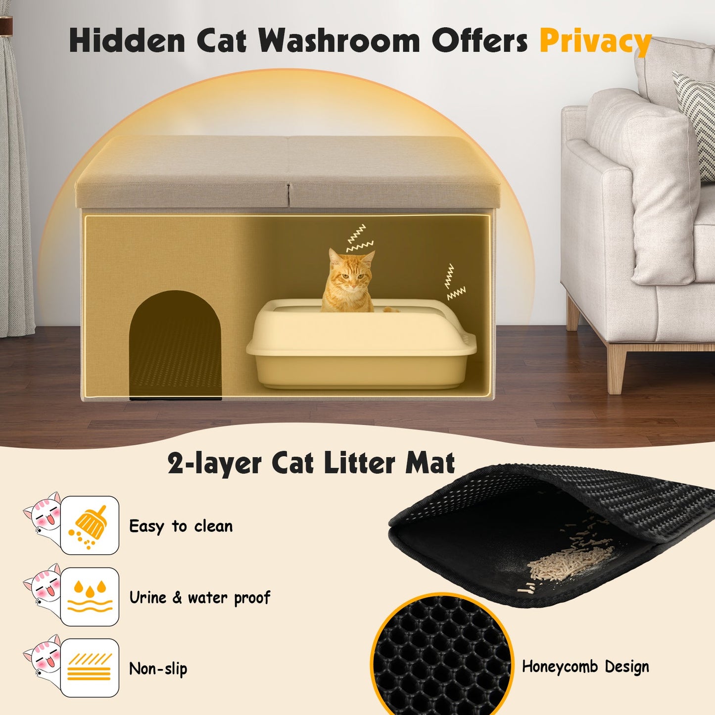 Cat Litter Box Enclosure in beige with cushioned top and urine-proof mat, hidden furniture style on Tampa Home & Garden Store