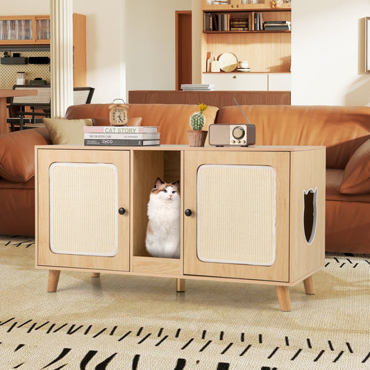 43 Inches Cat Litter Box Enclosure with Double Rooms and 2 Sisal Scratching Mats - Tampa Home & Garden Store
